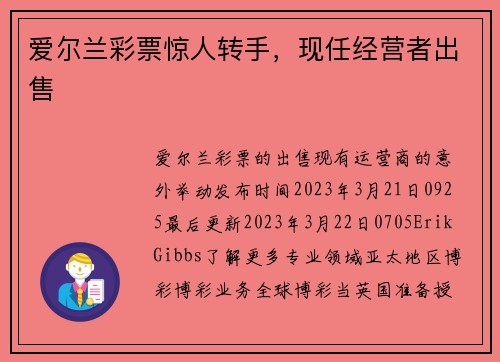 爱尔兰彩票惊人转手，现任经营者出售 